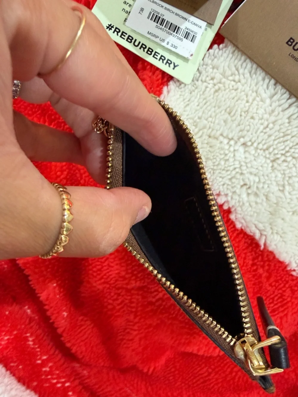 Burberry Brown and Beige Striped Leather Zip Pouch with Gold Hardware - Picture 3 of 5